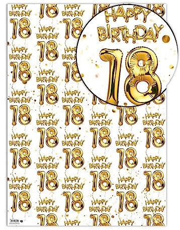 Brainbox Candy - 2 Bögen lustiges Geschenkpapier zum 18. Geburtstag – weißgoldenes Ballonpapier – achtzehn Geschenkpapier für ihn, ihren Sohn, Tochter, achtzehnten Geburtstag – gefaltetes