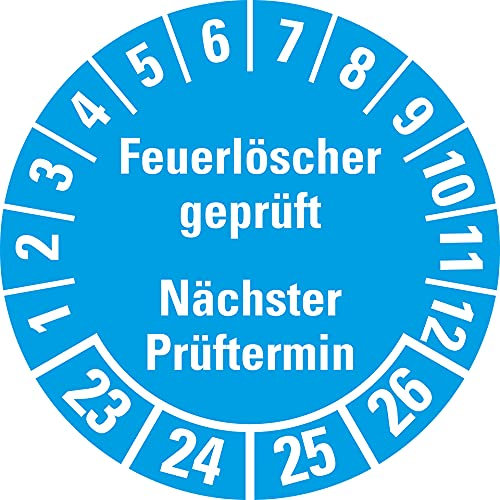 Aufkleber I Prüfplakette Feuerlöscher geprüft, Nächster Prüftermin, 23-26, hellblau, Dokumentenfolie, Ø 30mm, 18/Bogen