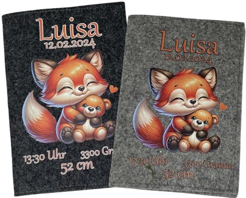 U Heft Hülle mit Impfpass aus Filz - Personalisiert mit Namen - Untersuchungsheft Schutzhülle - Babygeschenke zur Geburt - Kinderuntersuchungsheft Mädchen und Junge - Fuchs mit Teddy