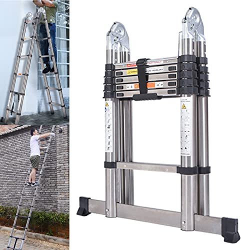 12.5FT Newest Stainless Steel Telescoping Ladder 6.2+6.2FT A-Frame Folding Ladder with Stabilizer Bar 2-IN-1 Heavy Duty Extension Ladder Adjustable Height Non-slip Easy to Carry for Home RV Outdoor