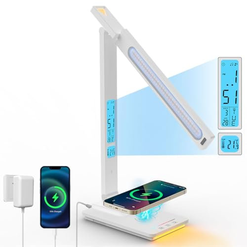 ErayLife Lámpara Escritorio LED Con Cargador Inalámbrico de 10W, Recarga USB, Lámpara de Mesa Ajustable con Pantalla LCD con Calendario,5 Modos de Luz, 2 Modos de Espera, Blanco