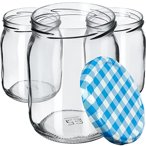 KADAX 16er Set Einmachgläser 540ml TO82 Blau kariert, Sturzgläser Mason Jar mit Schraubdeckel, Luftdichte Twist-off Gläser, Meal Prep, Overnight Oats, Sauerteig