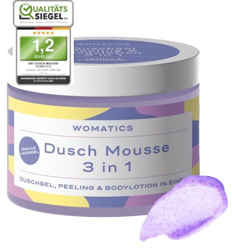 Womatics 3-in-1 Dusch Mousse – Duschgel, Peeling & Bodylotion in Einem, Sanftes Zuckerpeeling, vegan & frei von bedenklichen Inhaltsstoffen (Sorte: Lavendel)