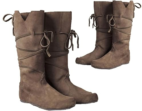 ZHFF PU Leder Stiefel - Low Heel Mid Tube Ritter - Renaissance Mittelalter Cosplay für Karneval Party,Grau, 44