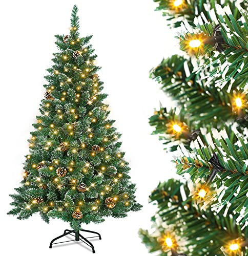 Aufun Künstlicher Weihnachtsbaum Tannenbaum mit Beleuchtung 250 LED warm-weiß inkl. Metallständer 570 Spitzen, PVC Christbaum für Weihnachten-Dekoration (150cm, Schnee-Effekt+Kiefernzapfen+LED)