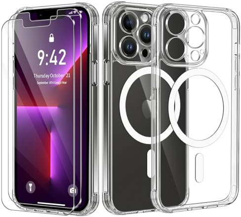 Niphabe Magnetica Cover Compatibile con iPhone 13 Pro 6.1 con 2 Vetro Temperato,Anti Ingiallimento Protezione Fotocamera Hard PC Bumper TPU Ultra Antiurto Custodia iphone 13 Pro Trasparente