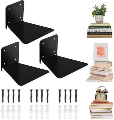 Cnwinu Unsichtbares Bücherregal Metall, Mini Schwebendes Bücherregal, Verdeckt Gebohrten Montierten Bücherregale, Wandregal Hängend Bücher Organizer für Haus Büro Küche, 3 Stück (Schwarz)