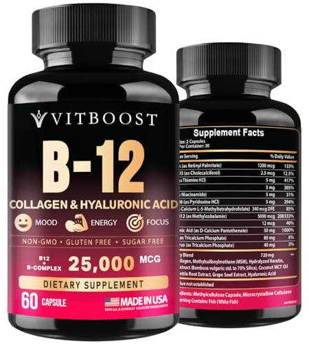 Vitamin B12 with Hyaluronic Acid and Collagen - 25000 mcg B12 Complex, 60Ct
