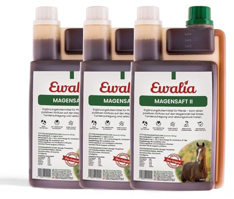 NEU! EWALIA Magensaft II - Spezial-Ergänzungsfuttermittel für Pferde bei Stress & Turnieraufregung - Unterstützung für empfindliche Mägen, mit Tierärzten entwickelt, 100% Natur pur, 3x1 Liter