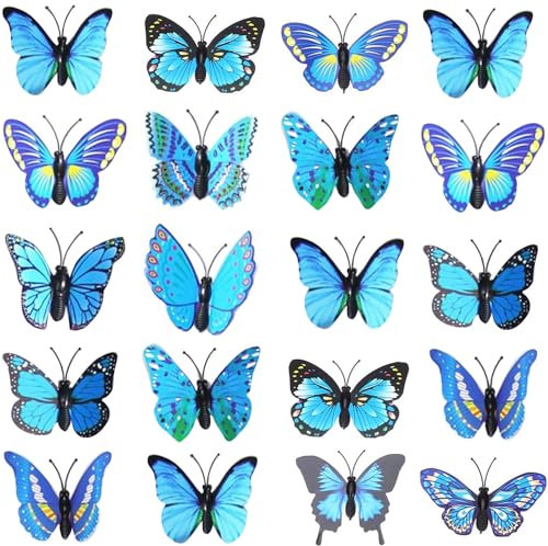ERBO 20 Stück Blau Schmetterlinge Deko mit Sicherheitsnadeln, PVC Schmetterling Brosche, für Kinderzimmer Deko, Dekoration Curtains, Dining Table, Büro (Blau)