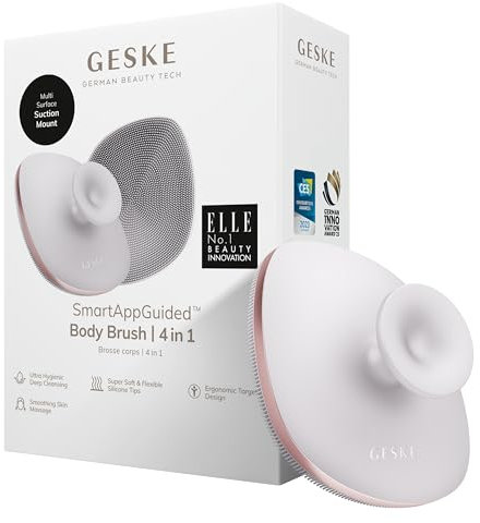 GESKE Body Brush | 4 in 1 | Design con anello in metallo | Spazzola detergente per tutto il corpo | Pulizia profonda professionale | Morbide setole in silicone | Design ergonomico per presa a due dita