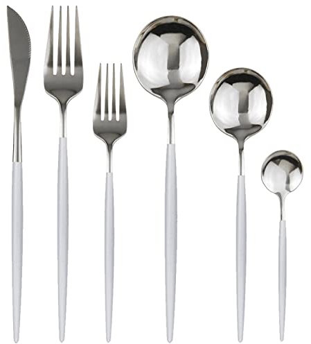 TIANHEY Juego De Vajilla De 36 Piezas, Cuchillo, Tenedor, Cuchara, Cubiertos, Juego De Vajilla con Espejo, Resistente Y Duradero, 36 Piezas, Blanco Y Plateado