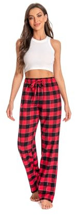 JTPW Pantalon de pyjama 100 % coton super doux avec poches pour femme, Tartan noir rouge, XS