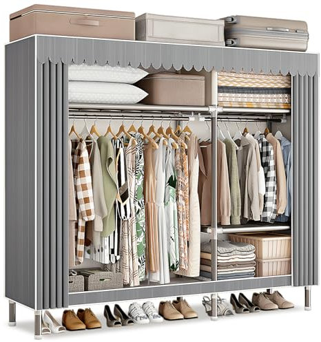 Dictstarst Kleiderschrank Stoffschrank Stabil Mit Kleiderstange & Ablagen, Kleideraufbewahrung, Stoff Faltschrank Für Schlafzimmer, Gelenke Aus Legiertem Stahl, Kleiderständer Mit Schiebetüren(graue)