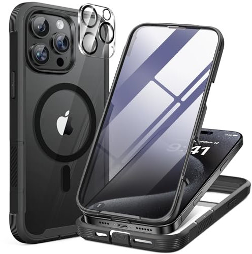 Miracase 360 Grad für iPhone 16 Pro Max Hülle mit Magsafe, Eingebaut Glas Schutzfolie, Komplettschutz HandyHülle Magnetisch Stoßfest Case für iPhone 16 ProMax Schutzhüllen 6,9 Zoll, Schwarz