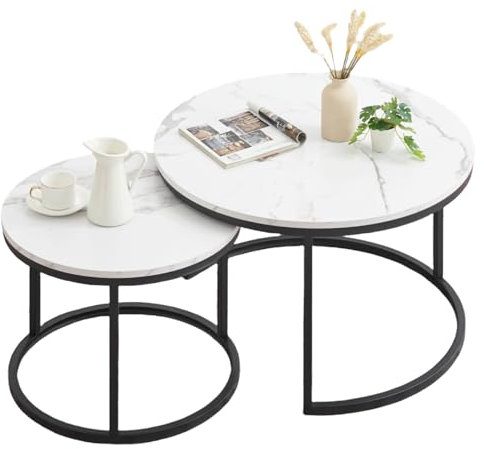 Ginhow Marmor Optik Couchtisch Runder Schwarz - 2er Set Satztisch, Modern Wohnzimmertisch und Beistelltisch für Wohnzimmer, Ø870x45H cm & Ф50 x35H cm (Weiß und Schwarz)