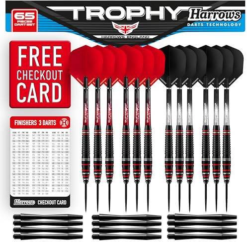 Harrows Trophy 65 Stück Dart-Set - High Performance 12 x Steel Tip Darts mit Premium Grip - Ultimatives Bundle mit vollem Dartzubehör - Supergrip Dart-Schäfte - Super Strong Dart Flights (65 Stück)