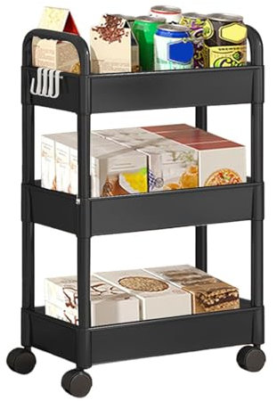 Braozaiw 3-Tier Storage Trolley,Trolley on Wheels,Plastic Rolling Storage cart Cart Utility with Extra Hanging Cups and Hooks for Kitchen Living Room Bathroom Office