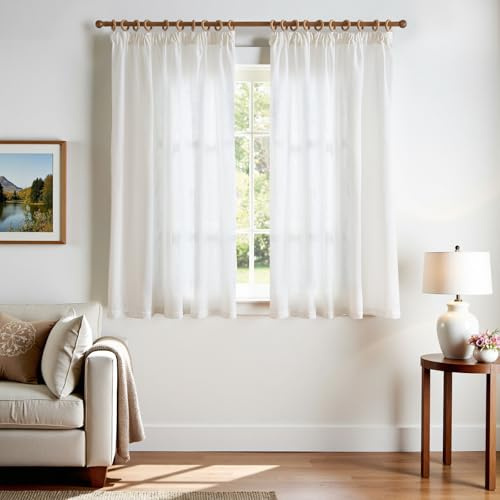 TOPICK Weiß Gardinen mit Kräuselband Leinen Vorhänge für Wohnzimmer Schlafzimmer Stores Lichtdurchlässig Vorhange für Schienensystem Landhausstil Gardinen mit Verdeckten Schlaufen 2er Set 140Bx145H cm