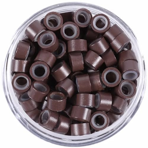 100Pcs 5.0mm Silicone Micro Rings for Hair Extensions - Aluminum I Tip Stick Beads With Silicon Lined Nano Rings - Brown