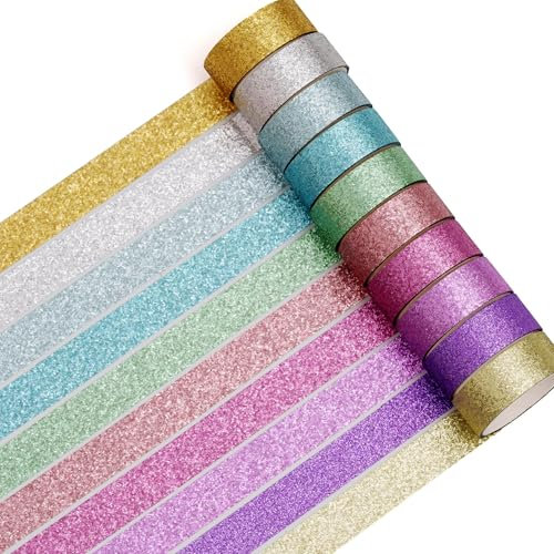 Songdao 10 Rollen Glitzer Washi Tape Set Funkelnd Masking Tape Metallisch Dekoratives Klebeband Bunt für DIY Handwerk Bullet Journals Planer Scrapbooking Verpackung