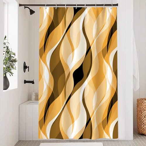 Uiiooazy Rideau Douche Anti Moisissure, Rideau de Douche Jaune Moutarde Abstrait Rayures Brun Rayé Rideaux de Baignoire Tissu Imperméable Lavable Rideaux Salle de Bain avec 8 Crochets 120x180cm