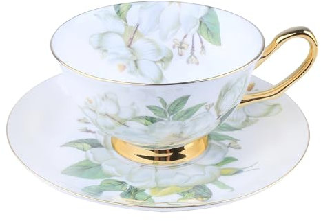 Bone China Tea Cups,Coffee Cup Teacup with Saucer and Spoon,Camellia Printing Coffee Mug for Home, Restaurants, Display and Afternoon Tea,(White and Green) with Gift Box