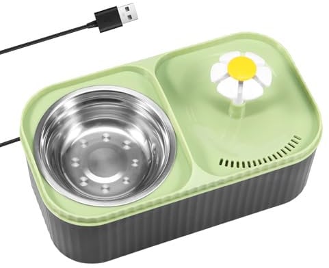 Fontaine à eau 2 en 1 et gamelle pour chats, distributeur d'eau de 3 l, avec système de filtration quadruple, fontaine automatique et gamelle en acier inoxydable pour chats et petits chiens (vert)