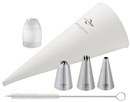 KÜCHENPROFI BAKE Spritzbeutel-Set 5-tlg., 3 Tüllen, Reinigungsbürste | Tortendekorations-Set, PFAS-freier Kunststoff, rostfreier Edelstahl, für Cupcakes, Sahnehäubchen und Desserts