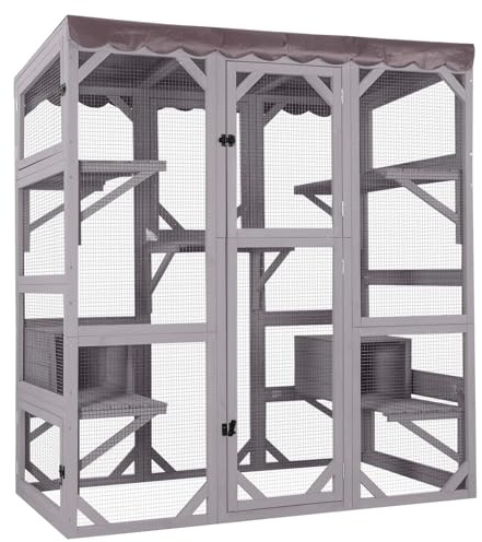 Wooden Cat House Outdoor and Indoor Run Large Cat Enclosure 70.1 Upgraded Version Catio Cage with Reinforcement Wooden Strip,Waterproof Roof (Type-2-Medium, Type-2-Medium)