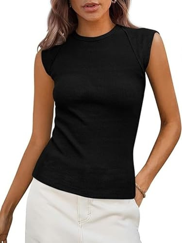 Sukiglam Tank Tops Damen Sommer Ribbed Oberteil Elegante Ärmellose Rundhals Blusentops Elastisch Slim Fit Tanktops Frauen Cap Ärmel Basic Tshirt Lässig Einfarbig Weste
