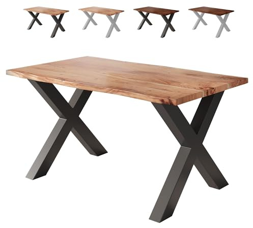 Loreno Esstisch 140×80×77cm Vento Akazie Natur – X-Gestell Schwarz | Massiver Akazienholztisch naturfarben mit 26mm starker Tischplatte – Perfekt für Esszimmer und Küche