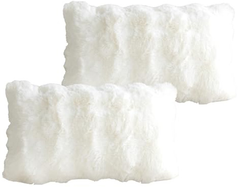 Ausing Set di 2 federe per cuscini in pelliccia sintetica, colore bianco, 30 x 50 cm, in tinta unita, decorazione moderna