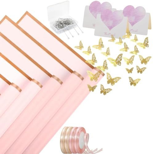 Agmoctz 40 Sheets Flower Wrapping Paper with 4 Rolls Flower Ribbons, 20 Cards, 36 Pcs 3D Gold Butterflies,Pink
