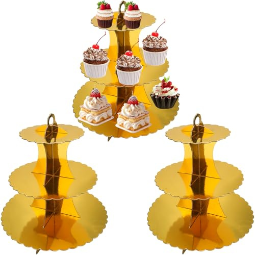 LHNNDM Confezione da 3 alzate per cupcake in cartone a 3 ripiani con bordo in pizzo, supporto per cupcake (oro)
