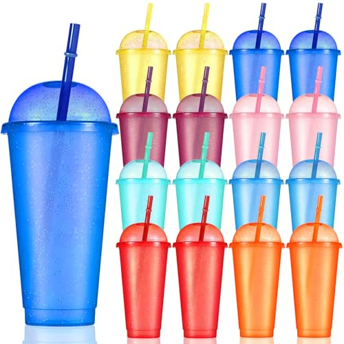 CoKeeSun 16PCS Tumblers with Lids & Straw, 24oz/710ml Colour Changing Cups | 8 Colors, Reusable Plastic Smoothie Cups, Recyclable Iced Coffee Mugs for Parties, Picnics, Travel, Christmas