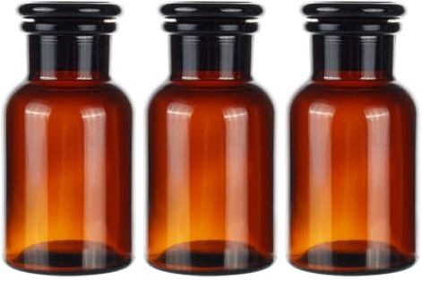OLYCRAFT 3Pcs Glass Reagent Bottle 125ml Amber Wide Mouth Bottle for Lab | Amber Glass Bottle, Wide Mouth Media Bottle, Ground Glass Stopper, Ideal for Lab Storage Sample Liquid Solid Decorative Vases