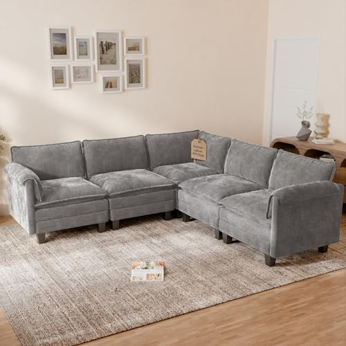 ELUCHANG Modulares Sofa L-Form, 250cm Breit Ecksofa 5-Sitzer, Chenille Couch mit 62cm Sitztiefe, Schlafsofa-Funktion, Werkzeuglose Montage, Wohnzimmer & Gästezimmer, Grau