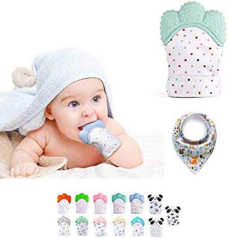 Funky Planet Beißhandschuh für Babys ab 0 Jahren - Beißhandschuh Baby Teething Toy - Raschelnder Zahnhandschuh für Zahnungshilfe aus Lebensmittelechtem Silikon + Bandana-Lätzchen mit Clip