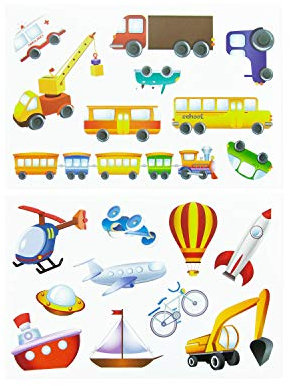 Oblique Unique® Kinder Fahrzeug Sticker Set 19 Farbenfrohe Aufkleber zum Spielen Basteln Spielspass Kindergeburtstag - Bagger Rakete Schiff Boot UFO Auto Bus Kran UVM.