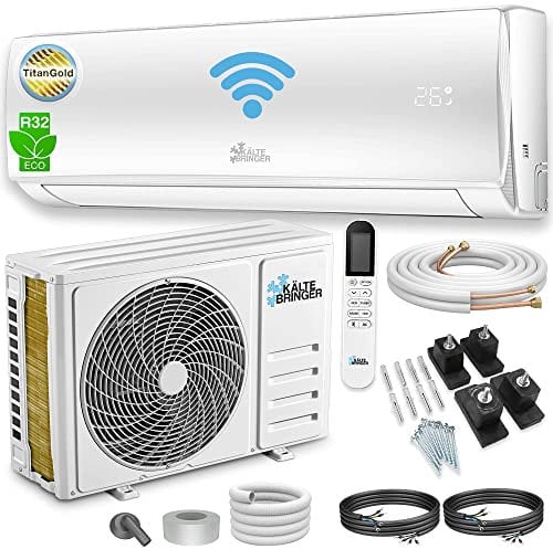 Kältebringer Split Klimaanlage - 18000 BTU (5,1 kW) - Klimagerät mit Heizfunktion, WiFi & App, bis 91qm, sehr leise - Set mit 5m Kupferleitung, Kältemittel R32, Montagematerial, Bodenkonsole