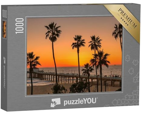 puzzleYOU: Puzzle 1000 Teile „Palmen am Manhattan Beach bei orangefarbenem Sonnenuntergang und Pier in Kalifornien, Los Angeles, USA.“ – aus der Puzzle-Kollektion USA