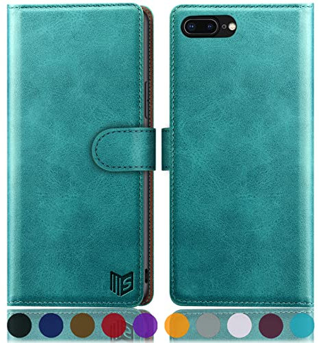 SUANPOT [RFID Schutz für iPhone 7 Plus/8 Plus 5,5-Zoll Hülle PU Leder Handyhülle Lederhülle Klapphülle Kartenfach Flip Cover für Apple 7 Plus/8 Plus Handy hülle Leather Wallet Phone Case Blau Grün