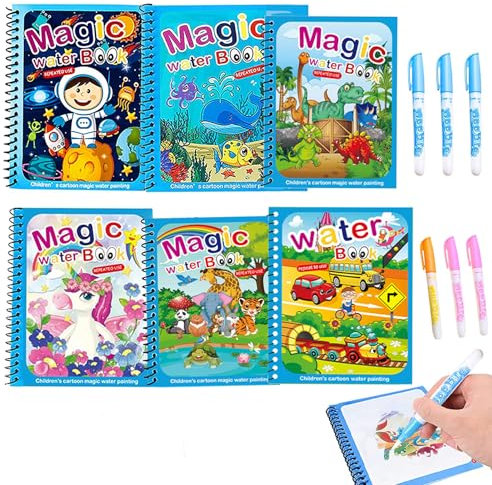 6 Livre de Coloriage a L’eau,xlwen Livre Magique à L'Eau avec Stylo Leau,Enfant Magic Water Book,Réutilisable,Jouets Peinture pour Tout-Petits Garçons Filles Présents