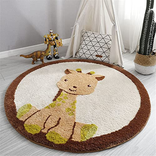 GLITZFAS Rund Kinderteppich, Flauschige Kinderteppich Cartoon-Tiere Runder Teppich Faux-Lamm Kurzflor Teppich für Kinderzimmer Mädchen Jungs (Giraffe,Durchmesser 100cm)