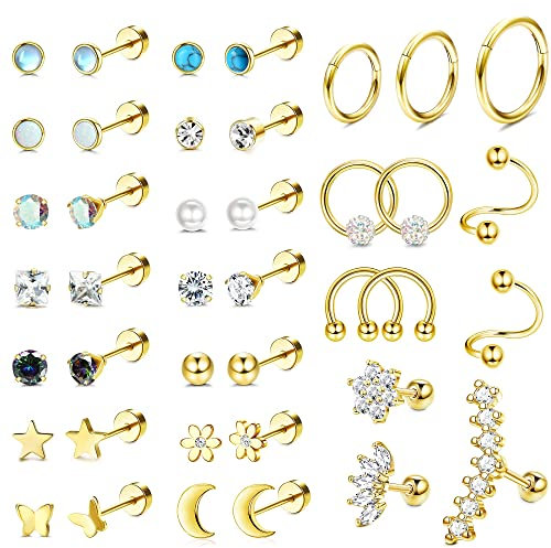MILACOLATO Chirurgenstahl Ohrknorpel Ohrstecker Ohrringe Set für Damen Herren Kleine CZ Opal Flat Back Ohrstecker Creolen 20G Septum Helix Conch Daith Tragus Ohr Piercing Schmuck 40Gold
