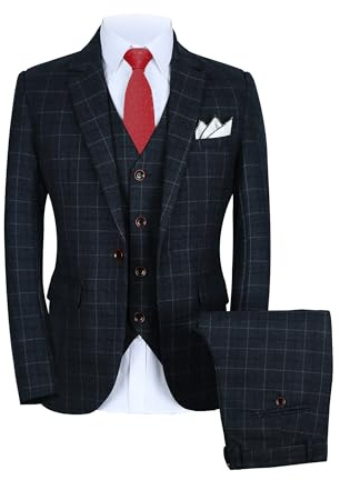 MOGU Blazer 3 pièces pour Homme, Coupe ajustée, à Carreaux, Veste, Gilet + Pantalon, Gris, 56