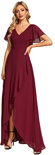 Ever-Pretty Vestido de Noche Escote en V Manga Volantes A-línea sin Respaldo Alto Bajo Largo sin Elasticidad para Mujer Elegantes Burdeos 46