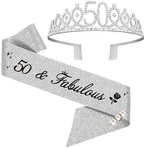 50. Geburtstags Tiara, 50 & Fabulous Geburtstags-Krone Schärpe Set, 50 geburtstag deko, geschenke zum 50 geburtstag frau (Silber)