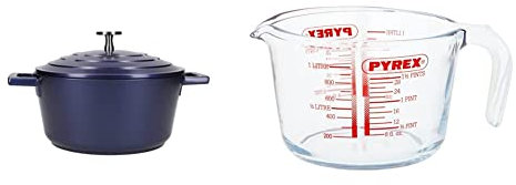 MasterClass Small Casserole Dish with Lid, 2.5L/20cm Lightweight Cast Aluminium, Induction Hob and Oven Safe Blue & 1 Litre Pyrex Glass Measuring Jug Transparent